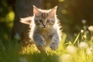 ai generado linda juguetón gatito corriendo a través de el césped en un soleado verano día. activo mascota jugando en el verde césped al aire libre foto