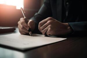 AI generated Contract, deal, business concept. Close-up of a working businessman writing on paper in the office, hand holding a pen and signing a document photo