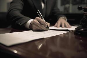 AI generated Close-up of a working businessman writing on paper in the office, hand holding a pen and signing a contract. Business concept photo