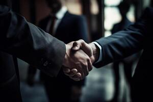 AI generated Businessmen, colleagues or partners shaking hands, deal. Close-up of a business person in suits handshake indoors photo