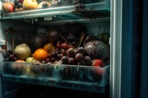 ai generado molde en comida en el refrigerador, de cerca de podrido dentro frutas y perjudicial peligroso esporas de hongos bacterias foto