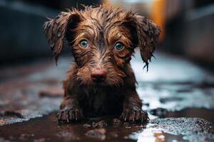 AI generated Wet dirty lost puppy on street. Cute homeless pet with a plaintive expression looking at camera photo