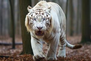 AI generated Albino tiger with white fur in the forest. Portrait of a rare exotic animal dangerous predator in nature photo