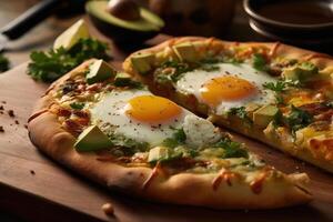 AI generated Breakfast pizza, close-up cut fresh pizza with egg and avocado on a wooden board photo