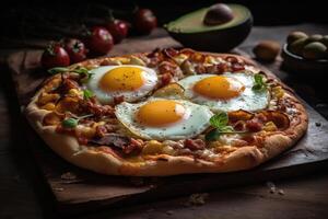 AI generated Fresh homemade pizza with egg and herbs on a wooden board with ingredients, breakfast photo