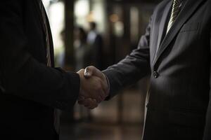 AI generated Deal, partnership, conclusion of a contract, business acquaintance concept. Close-up of business people in suits, colleagues or partners shaking hands indoors photo