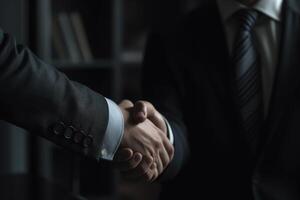 AI generated Close-up of business people in suits, colleagues or partners shaking hands indoors, selective focus. Deal, partnership, conclusion of a contract, business acquaintance concept photo