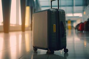 AI generated Black suitcase on wheels for travel in the airport terminal photo