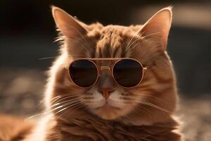 ai generado retrato de elegante jengibre gato en Gafas de sol en soleado día al aire libre. animal generativo ai foto