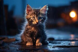 AI generated Lonely little fluffy kitten on street, homeless or lost pet cat at night photo