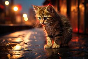ai generado mojado triste sufrimiento jengibre gatito al aire libre, solitario Vagabundo animal gato a noche foto