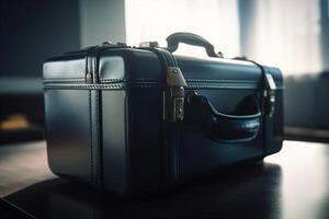 AI generated Leather black vintage business case on the table in the office, close-up photo