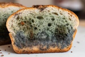 AI generated Mold on food, close-up of a slice of white bread and harmful dangerous spores of fungi bacteria photo