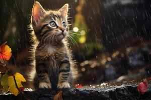 AI generated Funny fluffy kitten in nature in the rain, little cute cat in autumn rainy day photo
