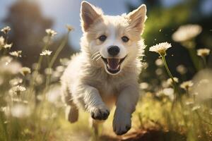 ai generado gracioso alegre perro jugando al aire libre, blanco juguetón mullido mascota corriendo en un soleado verano día foto