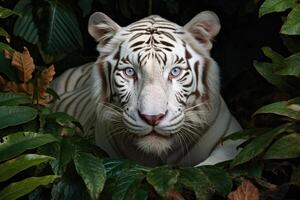 ai generado albino Tigre con blanco piel acostado en el bosque y mirando a el cámara. retrato de un raro exótico animal en naturaleza foto