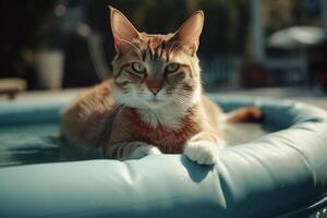 AI generated Ginger cat resting in pool on sunny day, pet lying in water outdoors and looking at camera. Animal vacation, Generative AI photo