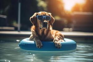 ai generado perro descansando en piscina, frio gracioso mascota en Gafas de sol flotante en un inflable anillo en agua en soleado día. animal generativo ai foto