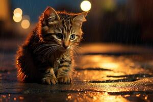 ai generado mojado triste sufrimiento gatito en el calle en un lluvioso noche, un solitario Vagabundo animal foto