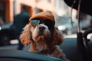 AI generated Funny thoroughbred dog spaniel in sunglasses and hat riding in car and looking out outdoors, cool pet in convertible on road trip. Animal Generative AI photo