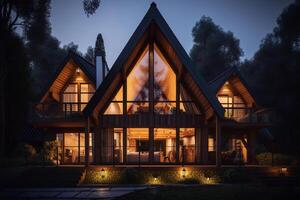 AI generated Triangular house with large windows in the forest, exterior. Residential building A-frame architecture at night. Generative AI photo