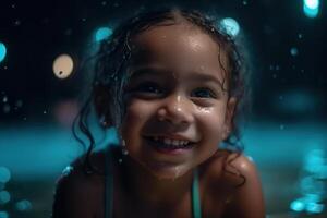 ai generado contento mojado niña en al aire libre nadando piscina a noche. infancia, para niños activo descansar. generativo ai foto