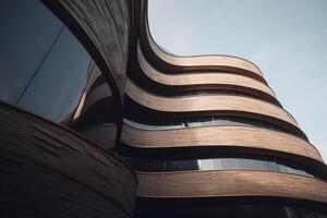 ai generado moderno arquitectura oficina de madera edificio, exterior. futurista suave forma de el pared y ventanas en contra cielo, al aire libre. generativo ai foto