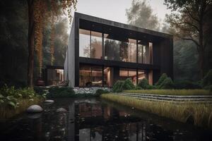 AI generated Modern minimalistic two-story country house in forest near pond, exterior. Generative AI photo