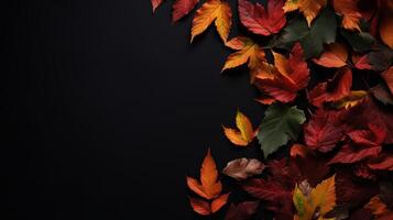 AI generated Autumn background with copy space. Fallen colorful leaves on black background with empty space for text, top view. Generative AI photo