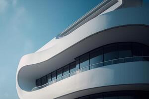 AI generated Modern minimalist architecture office white building or hotel, exterior. Futuristic smooth shape of walls and windows. Generative AI photo