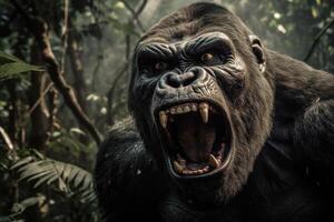 AI generated Close-up of screaming aggressive gorilla in jungle. Angry wild animal primate Generative AI illustration photo