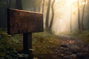 ai generado antiguo de madera firmar tablero con vacío espacio para texto en un polo en el bosque al aire libre. generativo ai foto