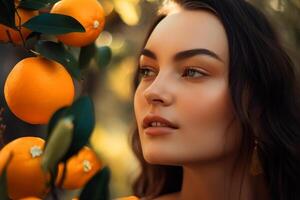 ai generado hermosa linda caucásico joven mujer y naranja árbol con frutas retrato de un bonito modelo en un agrios jardín en un soleado día. generativo ai foto