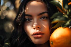 AI generated Portrait of sensual young brunette woman in citrus fruit orchard, natural eco skin and hair care concept. Pretty caucasian model and oranges on a sunny day. Generative AI photo