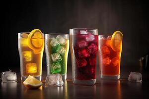 AI generated Set of fruit diet refreshing drinks in glass with ice. Detox lemonade or cocktail. Generative AI photo