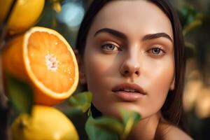 ai generado sexy sensual caucásico modelo y naranja árbol con frutas, eco piel y pelo cuidado concepto. retrato de bonito mujer en agrios huerta mirando a cámara en soleado día. generativo ai foto