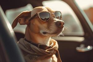 AI generated Funny dog in sunglasses with bandana around neck riding in car and looking out outdoors, pet in convertible on road trip. Animal Generative AI photo