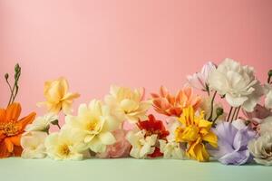 ai generado romántico fondo, hermosa primavera Fresco flores en rosado fondo. generativo ai foto