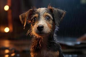 AI generated Lonely sad lost puppy outdoors on a rainy night outdoors, pet portrait photo