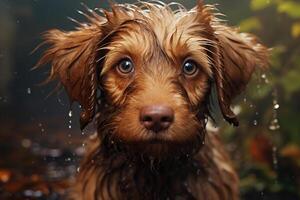 AI generated Portrait of an abandoned lonely sad dog in the street. Wet homeless pet on a rainy day photo