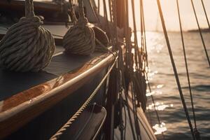 AI generated Sailing yacht on the water on a sunny evening close-up, selective focus. Yachting, sea adventure, seafaring concept. Generative AI photo