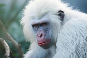 AI generated Albino monkey. Portrait of a rare animal primate outdoors photo