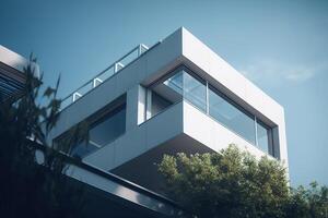 AI generated Modern minimalist house exterior, close-up balcony and roof. Architecture style minimalism. Generative AI photo