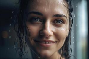 AI generated Portrait of cute happy young caucasian woman in bathroom after shower looking at camera. Close-up wet face and hair of a smiling woman, Generative AI photo