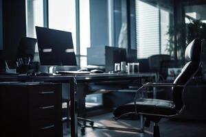 AI generated Office workplace, business interior. Table with computer and armchair, side view, selective focus photo