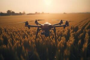 ai generado agrícola moderno tecnologías, innovaciones en agricultura. de cerca de zumbido volador terminado trigo campo a puesta de sol. generativo ai foto