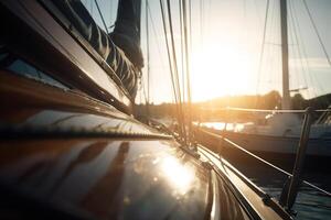 AI generated Sailing yacht in parking lot of pier on sunny evening, close-up. Board of sea ship, selective focus. Generative AI photo