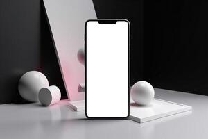 AI generated Modern smartphone mockup. Mobile phone with blank white screen standing on geometric gray background, front view. Generative AI photo