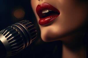 ai generado cantante músico ejecutando a un concierto, espectáculo o karaoke hembra boca y rojo labios canto un canción dentro un micrófono. de cerca, lado vista. generativo ai foto