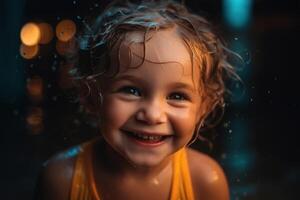 ai generado alegre niño en agua parque. retrato de riendo caucásico Rizado mojado niña mirando a cámara. infancia, para niños activo descansar. generativo ai foto